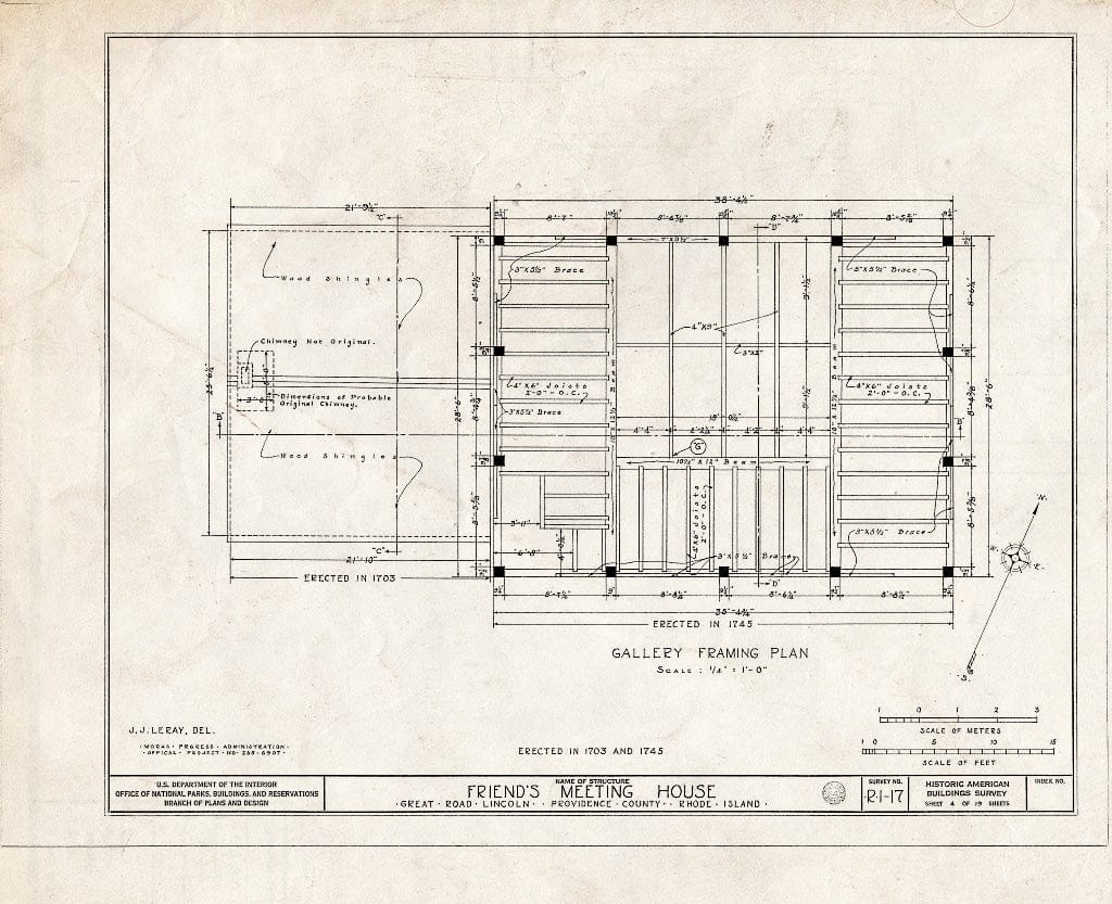 Blueprint 4. Gallery framing Plan - Friends Meetinghouse, Great Road, Saylesville, Providence County, RI