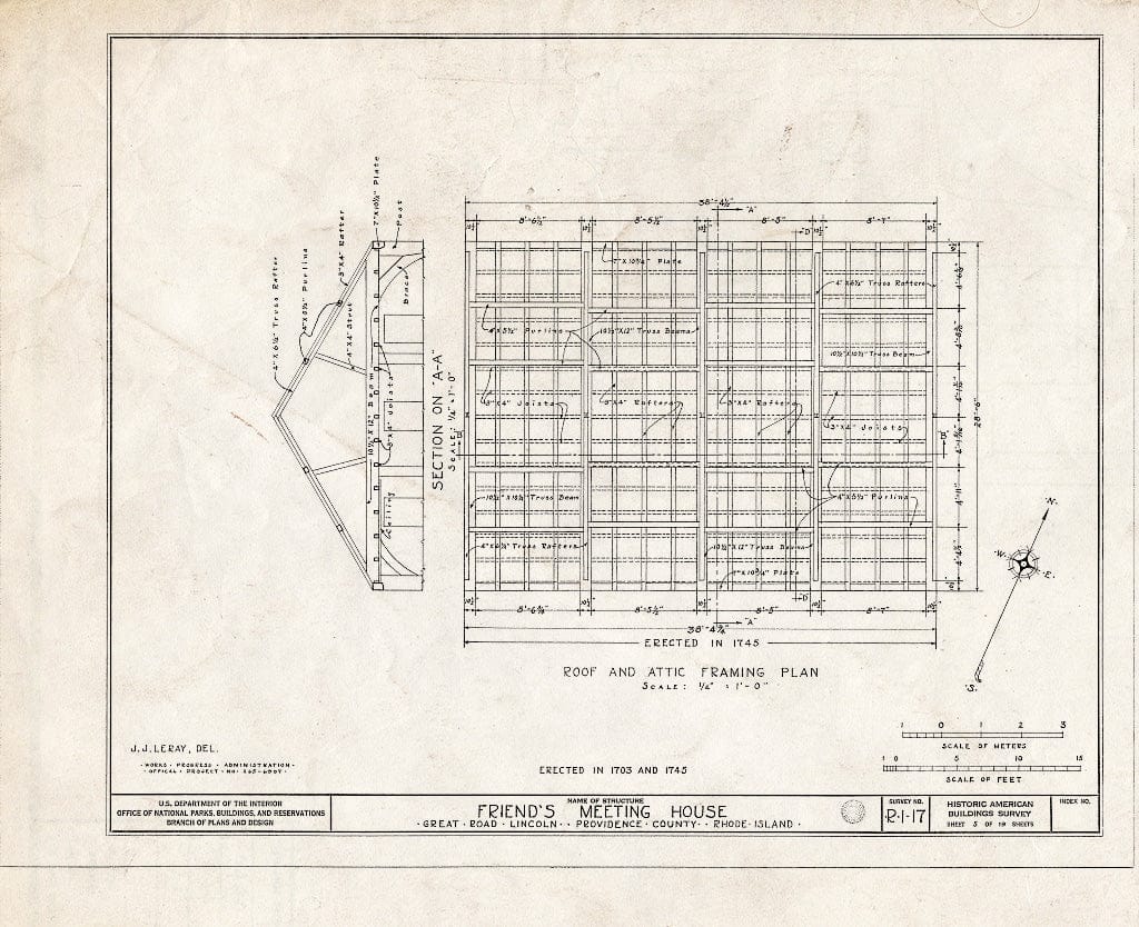 Blueprint 5. Roof and attic framing Plan - Friends Meetinghouse, Great Road, Saylesville, Providence County, RI