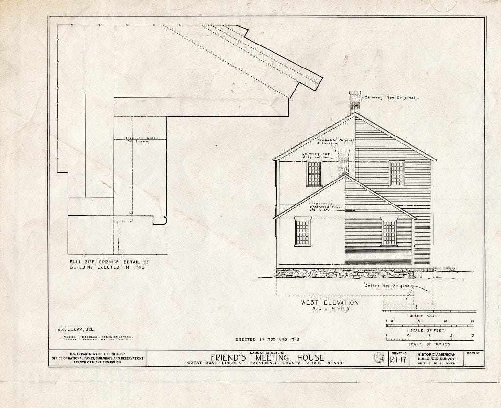 Blueprint 7. West Elevation and Cornice Detail - Friends Meetinghouse, Great Road, Saylesville, Providence County, RI