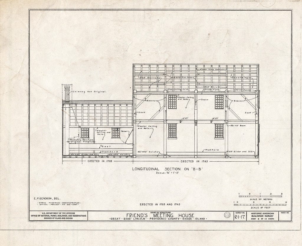 Blueprint 8. Longitudinal Section - Friends Meetinghouse, Great Road, Saylesville, Providence County, RI