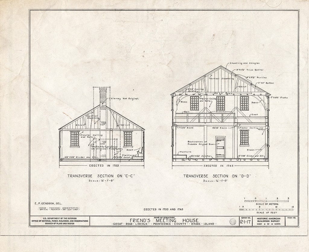 Blueprint 9. Transverse Sections - Friends Meetinghouse, Great Road, Saylesville, Providence County, RI