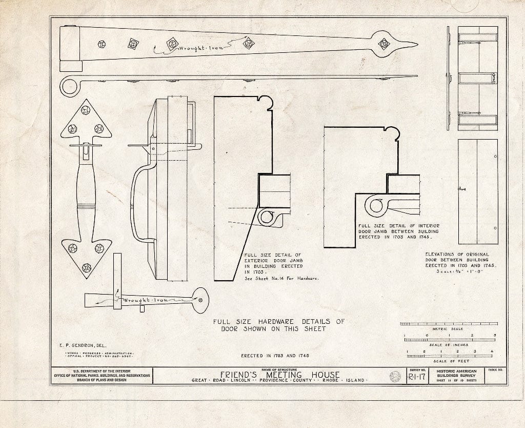 Blueprint 11. Door Hardware Details - Friends Meetinghouse, Great Road, Saylesville, Providence County, RI