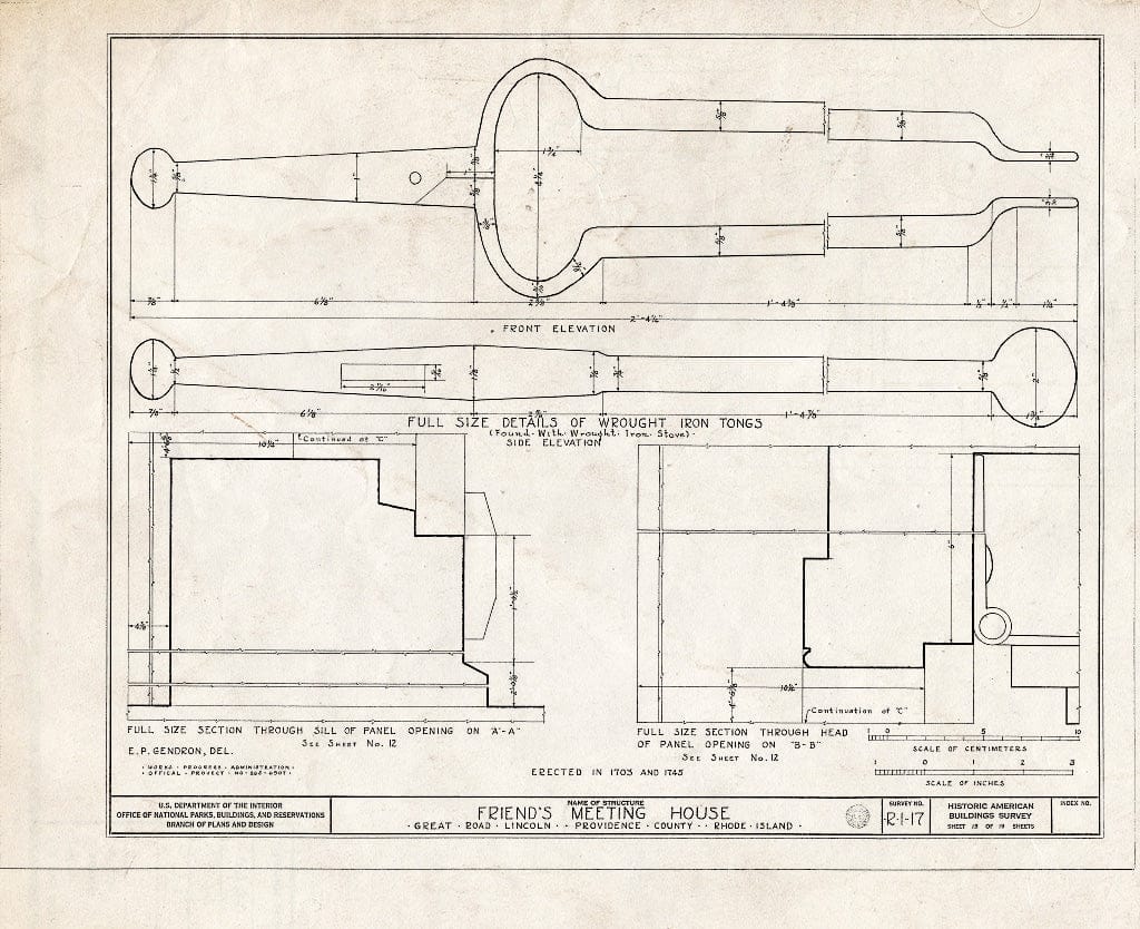 Blueprint 13. Wrought Iron Tongs; Panel Opening Sections - Friends Meetinghouse, Great Road, Saylesville, Providence County, RI