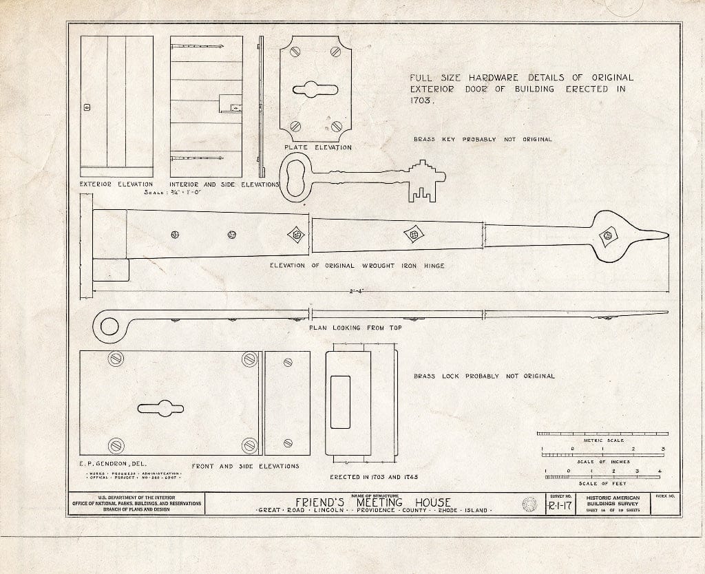 Blueprint 14. Original Exterior Door Hardware - Friends Meetinghouse, Great Road, Saylesville, Providence County, RI