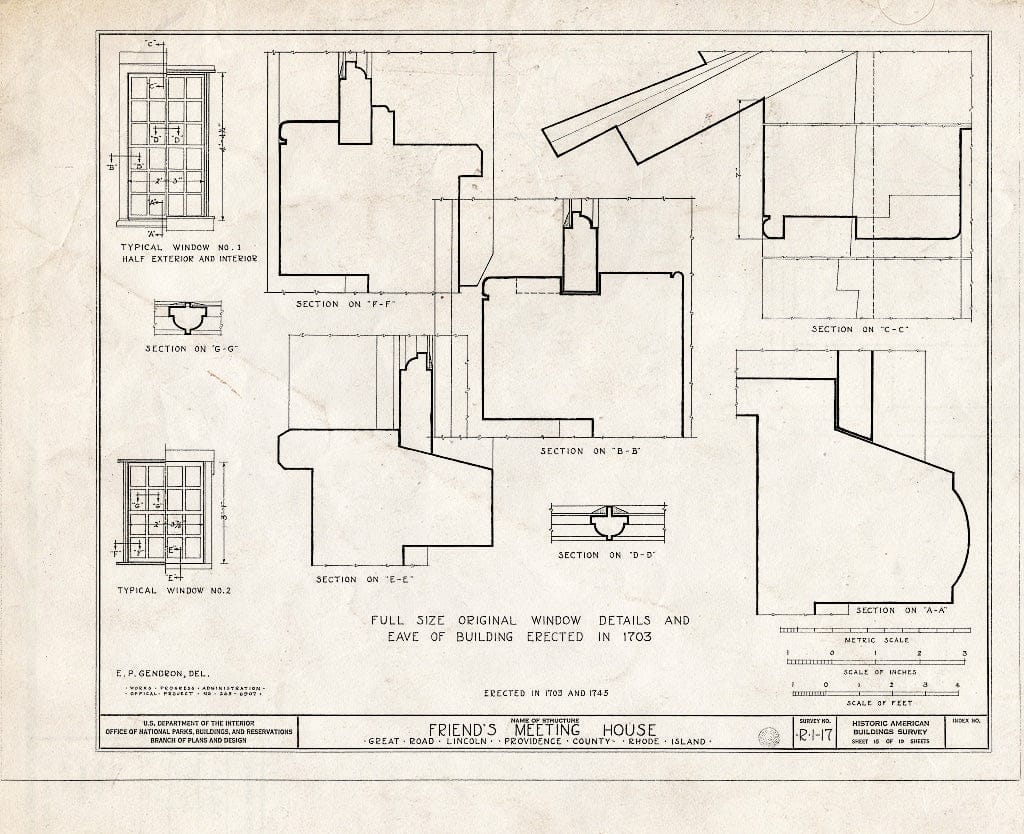 Blueprint 15. Original Window and eave Details - Friends Meetinghouse, Great Road, Saylesville, Providence County, RI