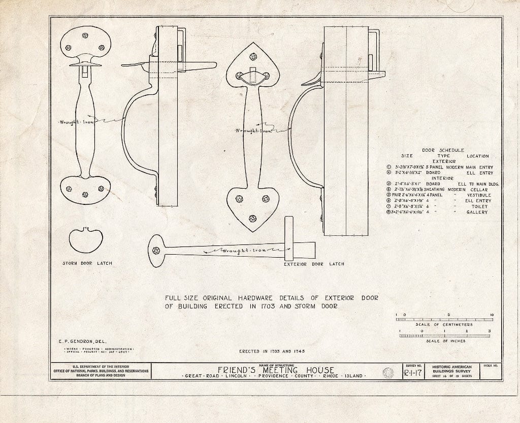 Blueprint 16. 1703 Exterior Door Hardware - Friends Meetinghouse, Great Road, Saylesville, Providence County, RI