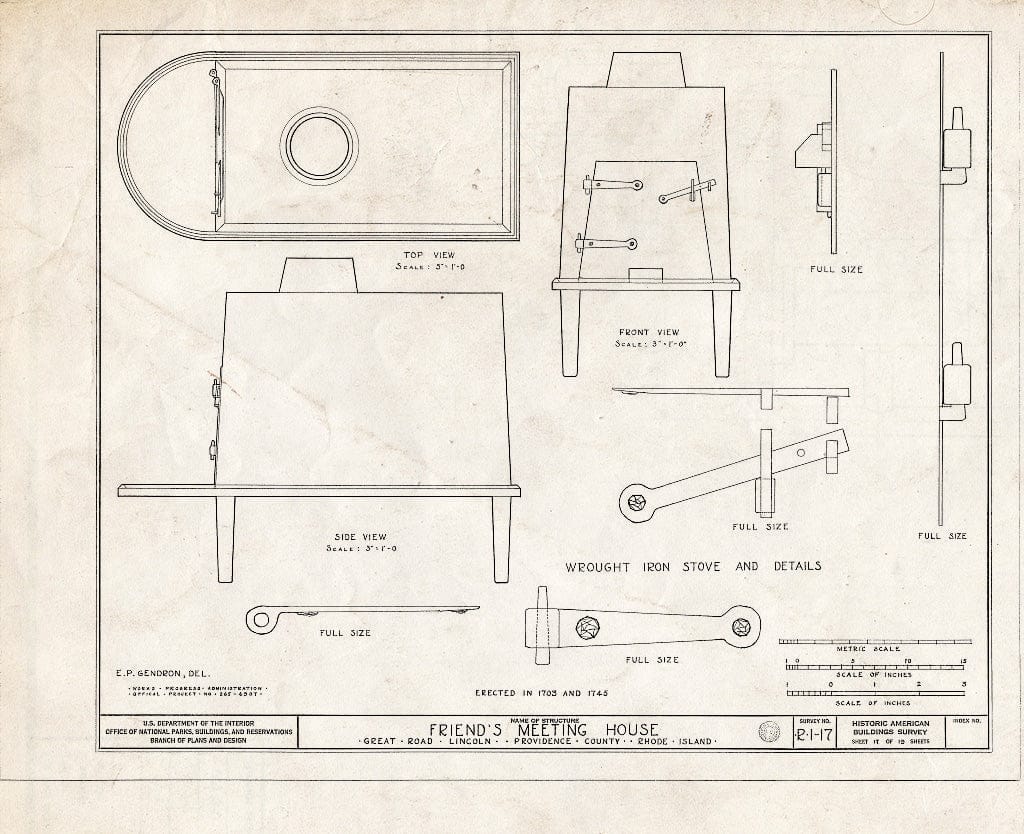 Blueprint 17. Wrought Iron Stove and Details - Friends Meetinghouse, Great Road, Saylesville, Providence County, RI