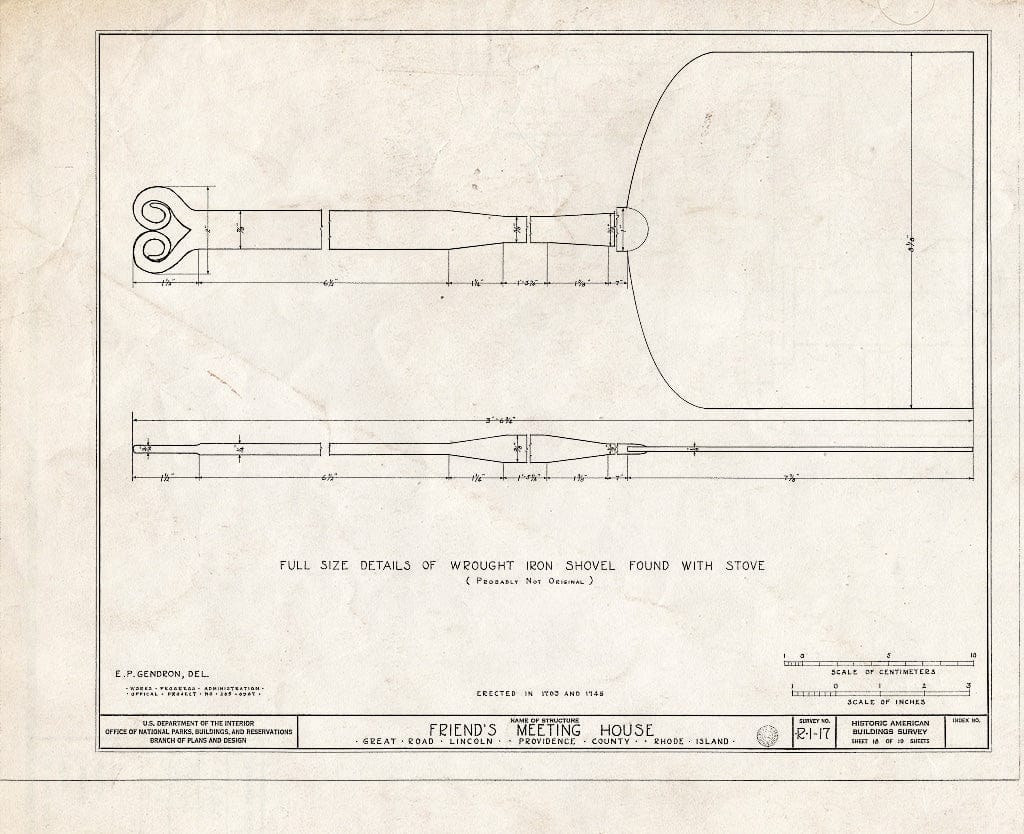 Blueprint 18. Wrought Iron Shovel for Stove - Friends Meetinghouse, Great Road, Saylesville, Providence County, RI