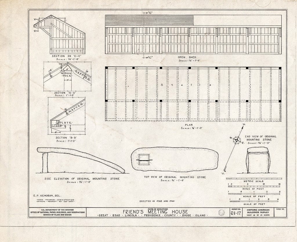 Blueprint 19. Open shed and mounting Stone - Friends Meetinghouse, Great Road, Saylesville, Providence County, RI