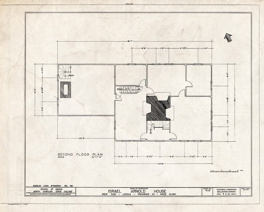 Blueprint 3. Second Floor Plan - Israel Arnold House, Great Road, Saylesville, Providence County, RI