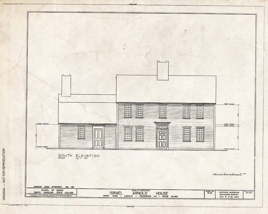 Blueprint 4. South Elevation - Israel Arnold House, Great Road, Saylesville, Providence County, RI