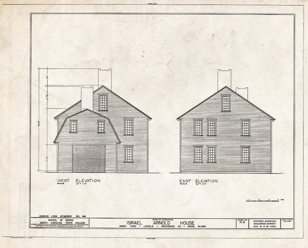 Blueprint 6. West and East elevations - Israel Arnold House, Great Road, Saylesville, Providence County, RI