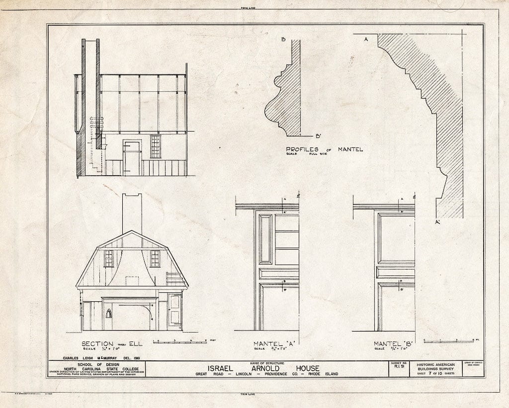 Blueprint 7. Building Sections and Mantle Profiles - Israel Arnold House, Great Road, Saylesville, Providence County, RI