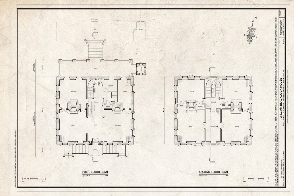 Blueprint First Floor Plan, Second Floor Plan - William Blacklock House, 18 Bull Street, Charleston, Charleston County, SC