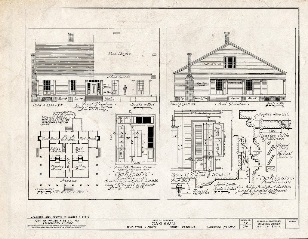 Blueprint Front & End Elevation, First Floor Plan - Oaklawn, Pendleton, Anderson County, SC