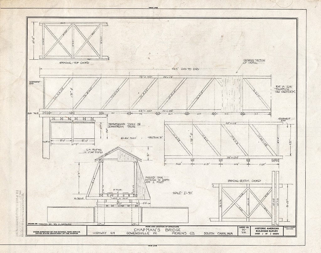 Blueprint Bracing Top Chord, Bracing Bottom Chord - Chapman's Bridge, Highway 414, Keonee-Toxaway State Park, Gowensville, Greenville, SC