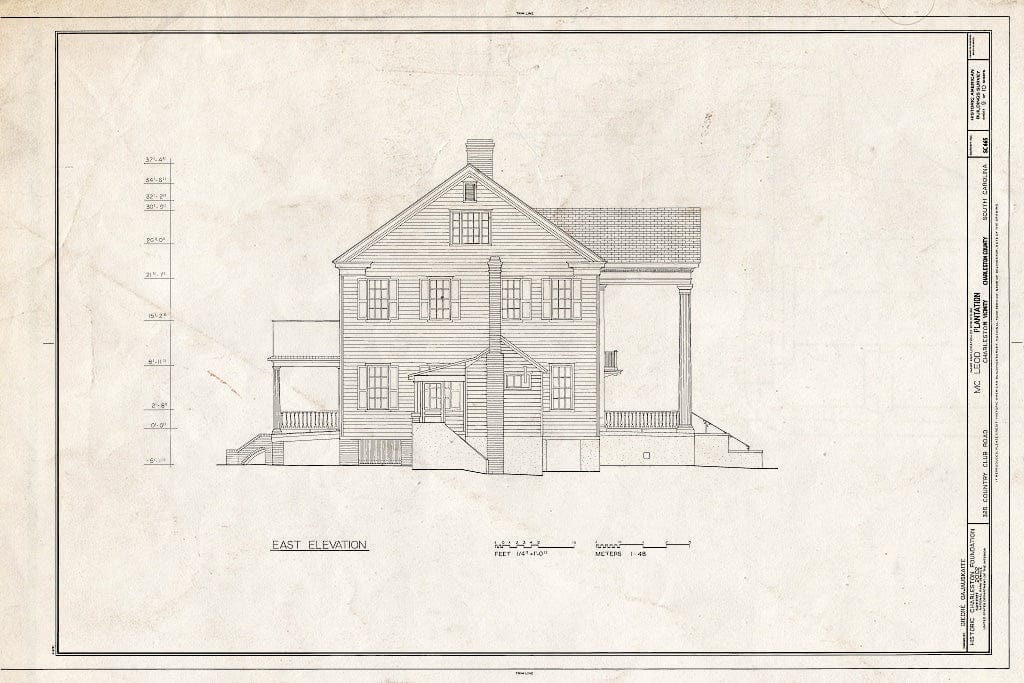 Blueprint East Elevation. - McLeod Plantation, 325 Country Club Drive, Charleston, Charleston County, SC