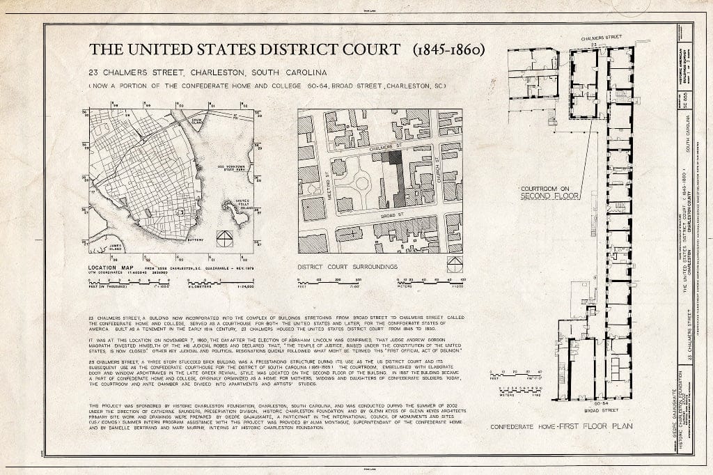 Blueprint Cover Sheet with Location MAP and First Floor Plan. - The United States District Court (1845-1860), 23 Chalmers Street, Charleston, Charleston County, SC