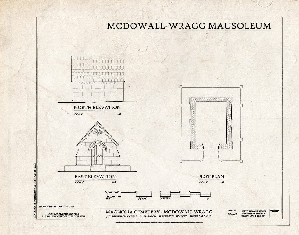 Blueprint Elevations & Plot Plan - Magnolia Cemetery, McDowall-Wragg Mausoleum, 70 Cunnington Avenue, Charleston, Charleston County, SC