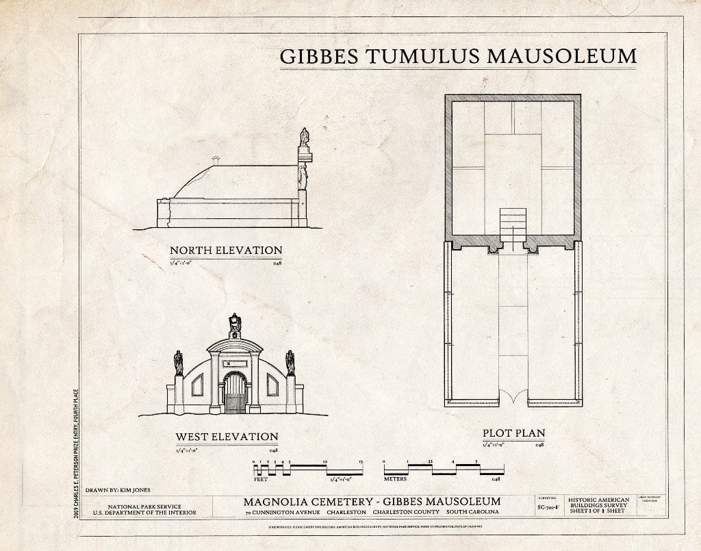 Blueprint Elevations & Plot Plan - Magnolia Cemetery, Gibbes Tumulus Mausoleum, 70 Cunnington Avenue, Charleston, Charleston County, SC