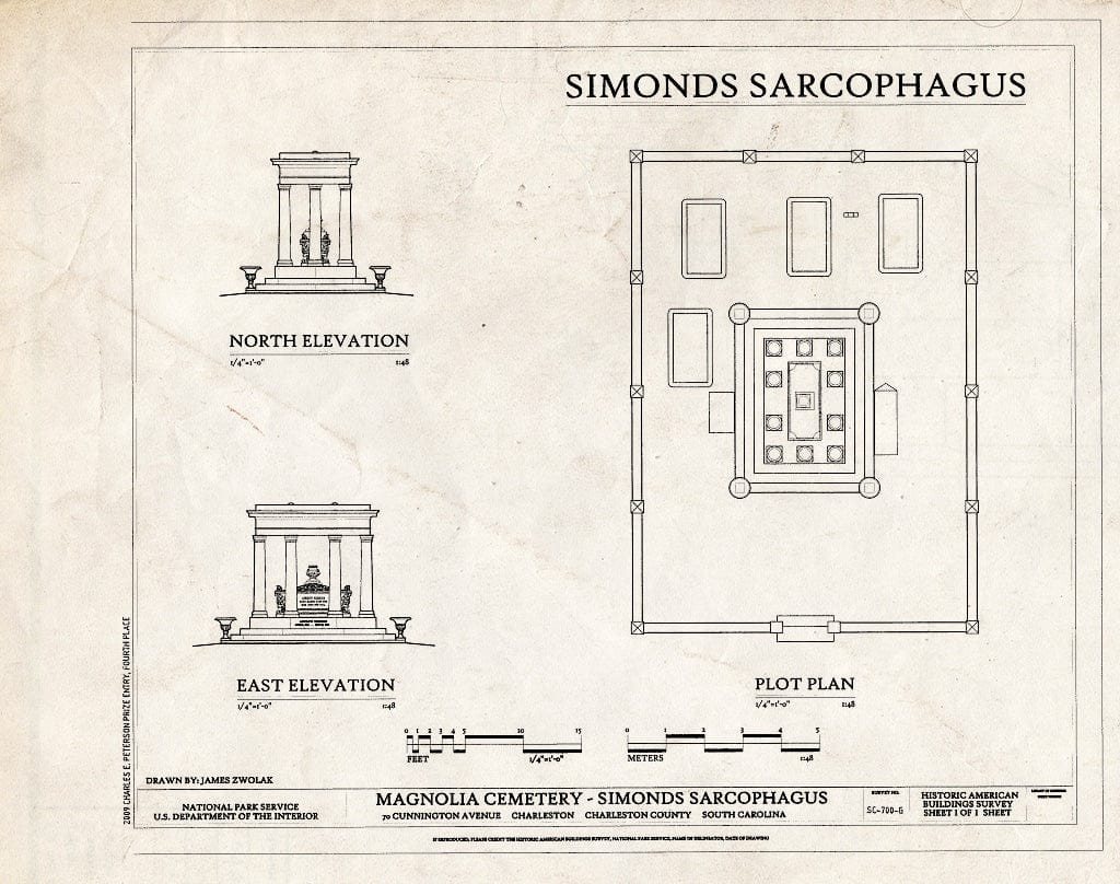 Blueprint Elevations & Plot Plan - Magnolia Cemetery, Simonds Sarcophagus, 70 Cunnington Avenue, Charleston, Charleston County, SC