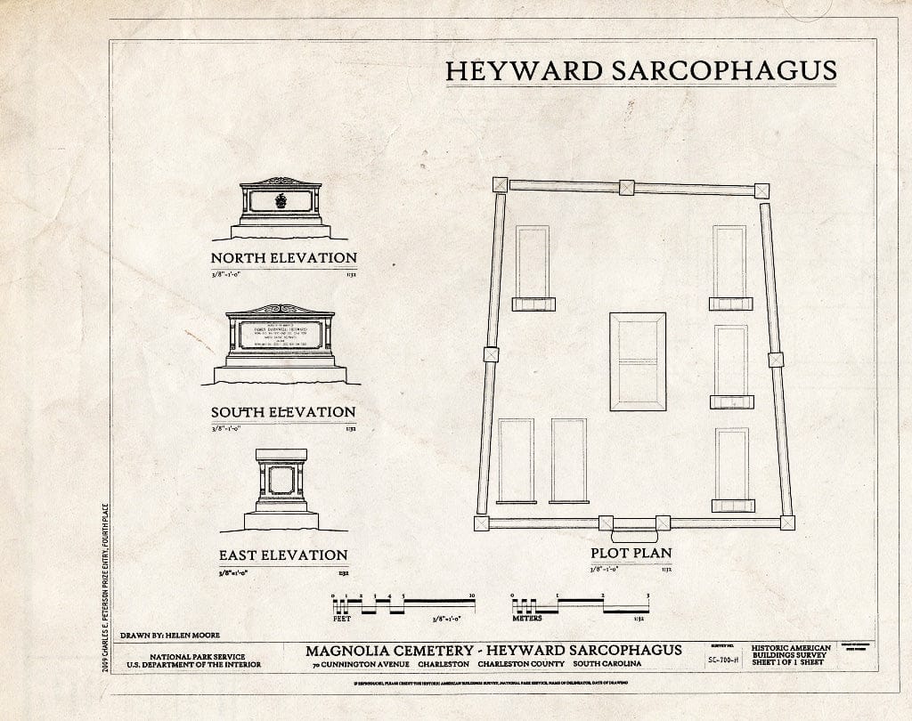 Blueprint Elevations & Plot Plan - Magnolia Cemetery, Heyward Sarcophagus, 70 Cunnington Avenue, Charleston, Charleston County, SC