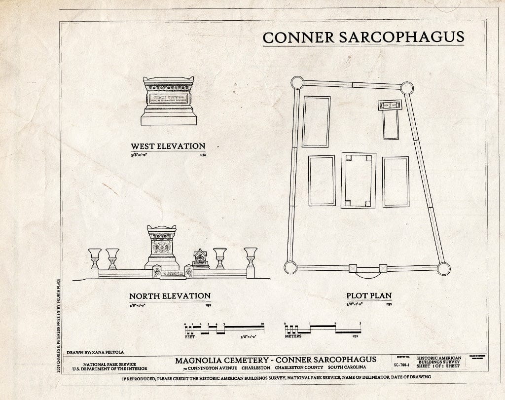 Blueprint Elevations & Plot Plan - Magnolia Cemetery, Conner Sarcophagus, 70 Cunnington Avenue, Charleston, Charleston County, SC