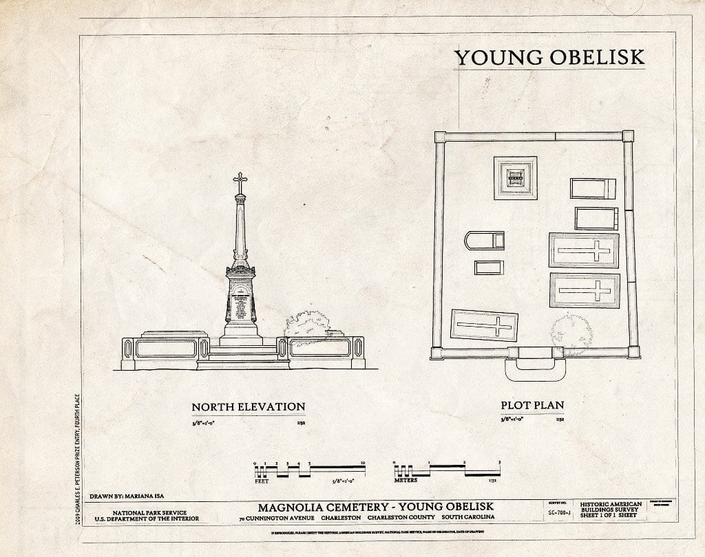 Blueprint Elevation & Plot Plan - Magnolia Cemetery, Young Obelisk, 70 Cunnington Avenue, Charleston, Charleston County, SC