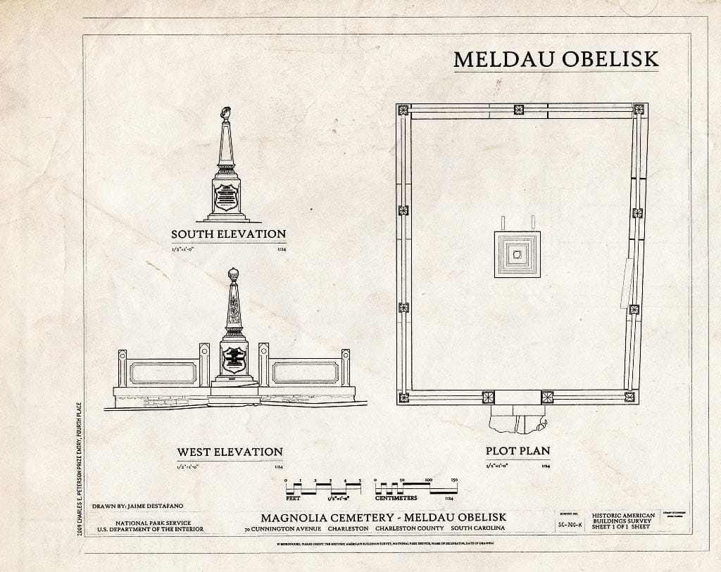 Blueprint Elevations & Plot Plan - Magnolia Cemetery, Meldau Obelisk, 70 Cunnington Avenue, Charleston, Charleston County, SC