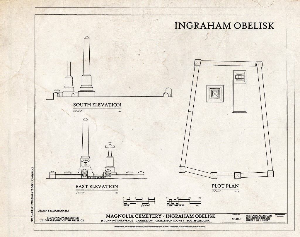 Blueprint Elevations & Plot Plan - Magnolia Cemetery, Ingraham Obelisk, 70 Cunnington Avenue, Charleston, Charleston County, SC