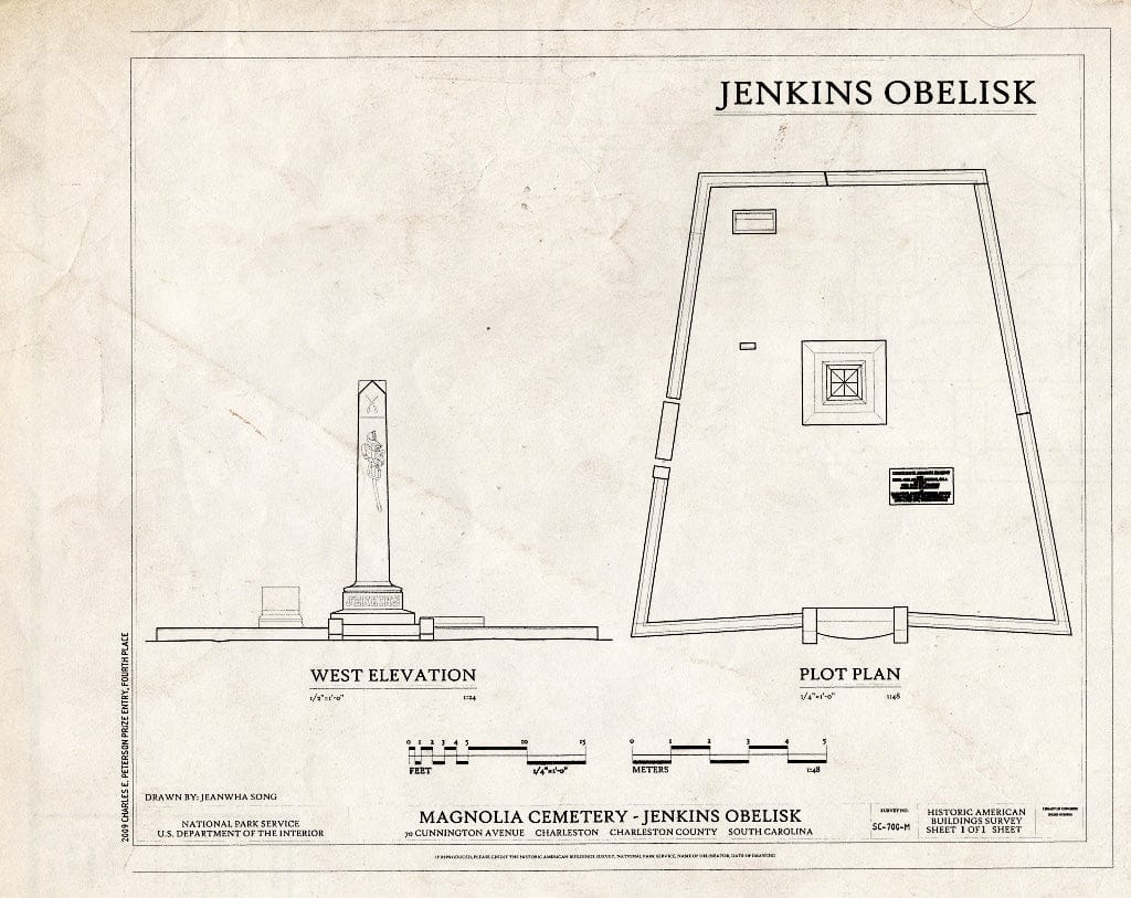 Blueprint Elevation & Plot Plan - Magnolia Cemetery, Jenkins Obelisk, 70 Cunnington Avenue, Charleston, Charleston County, SC