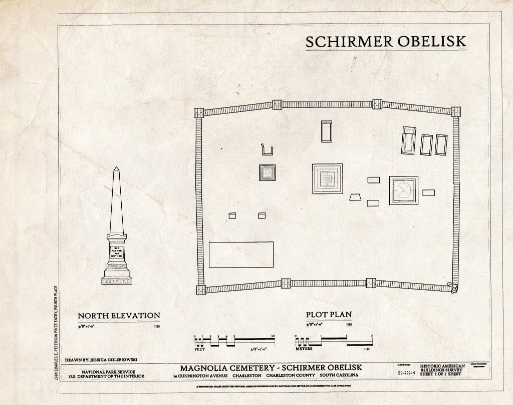 Blueprint Elevation & Plot Plan - Magnolia Cemetery, Schirmer Obelisk, 70 Cunnington Avenue, Charleston, Charleston County, SC