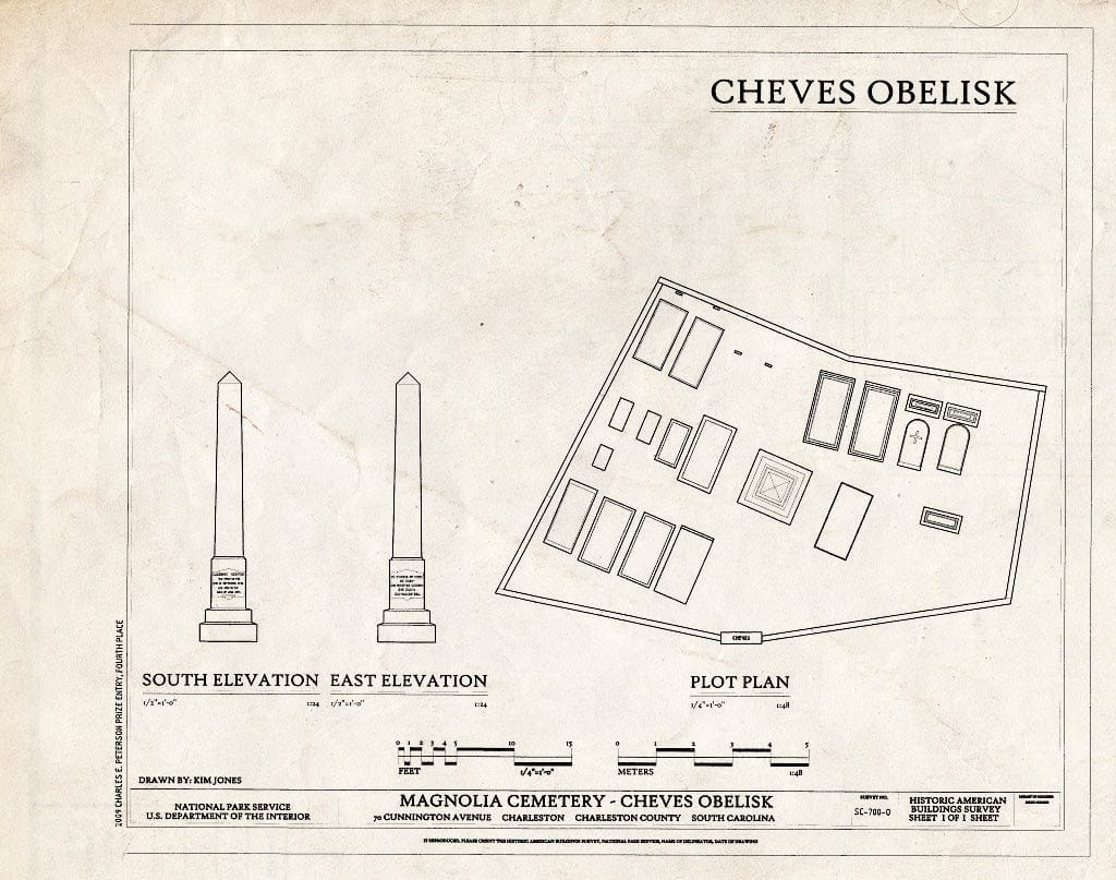 Blueprint Elevations & Plot Plan - Magnolia Cemetery, Cheves Obelisk, 70 Cunnington Avenue, Charleston, Charleston County, SC