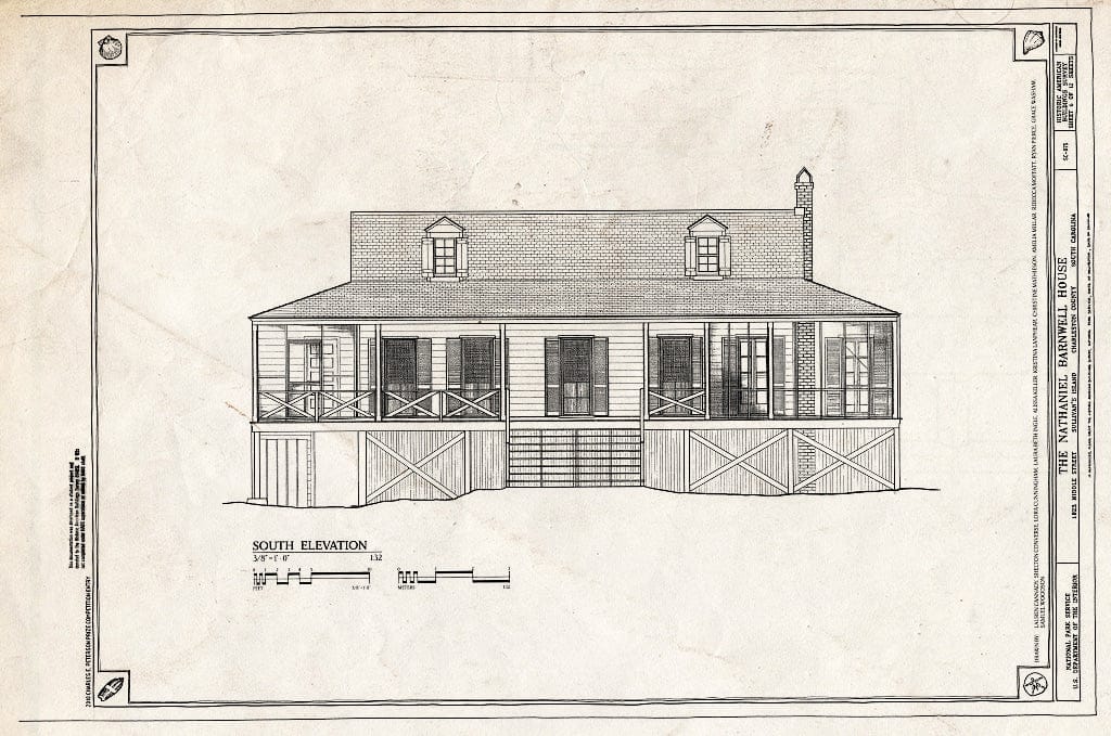 Blueprint 6. South Elevation - Nathaniel Barnwell House, 1023 Middle Street, Sullivans Island, Charleston County, SC