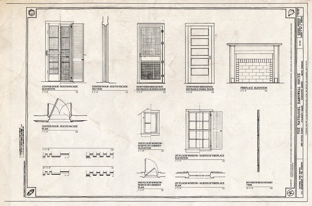 Blueprint 11. Door, Window & Fireplace Details - Nathaniel Barnwell House, 1023 Middle Street, Sullivans Island, Charleston County, SC