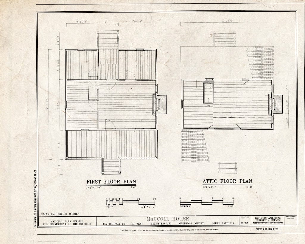 Blueprint First Floor Plan & Attic Floor Plan - MacColl House, 1157 Highway 15/401 West, Bennettsville, Marlboro County, SC