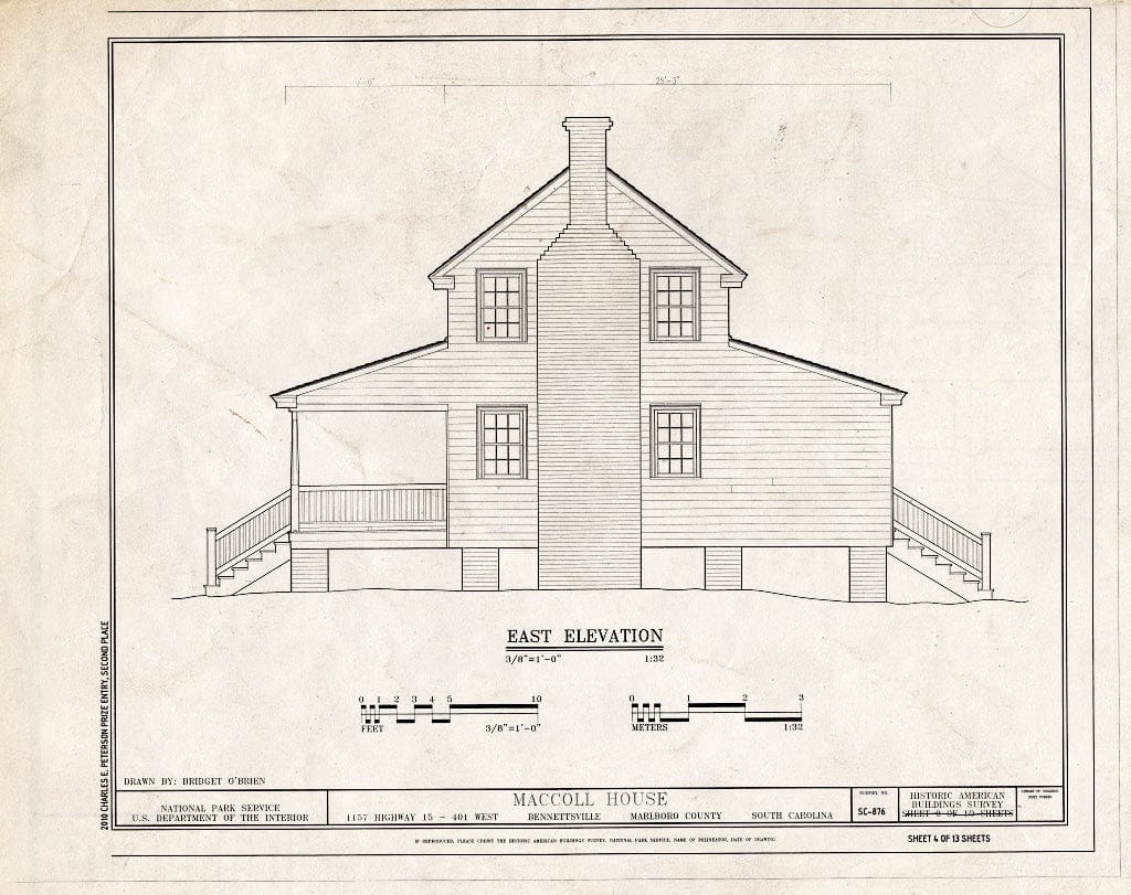 Blueprint East Elevation - MacColl House, 1157 Highway 15/401 West, Bennettsville, Marlboro County, SC