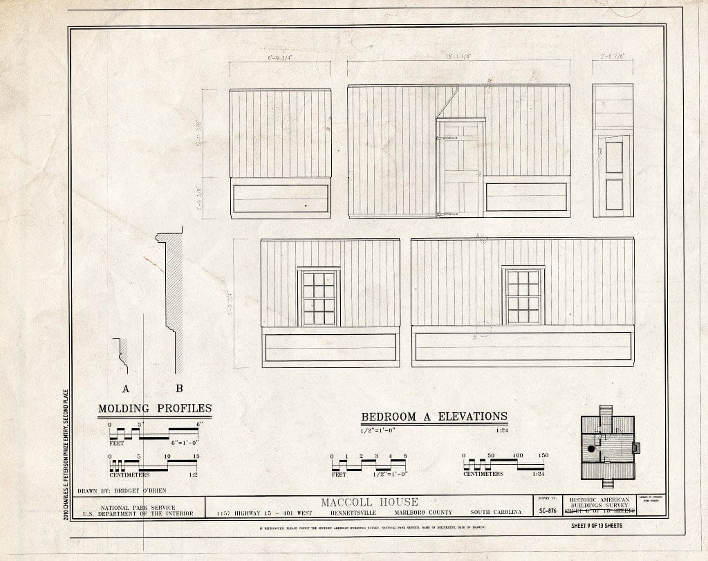 Blueprint Bedroom A Elevations - MacColl House, 1157 Highway 15/401 West, Bennettsville, Marlboro County, SC