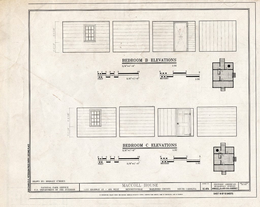 Blueprint Bedroom B & C Elevations - MacColl House, 1157 Highway 15/401 West, Bennettsville, Marlboro County, SC