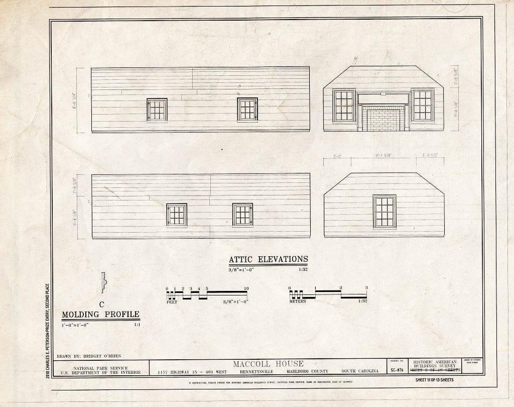 Blueprint Attic Elevations - MacColl House, 1157 Highway 15/401 West, Bennettsville, Marlboro County, SC