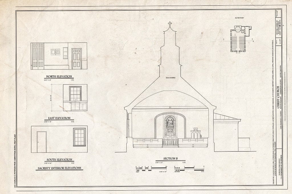 Blueprint 7. Section & Sacristy Interior Elevations - Christ Church, 2304 Highway 17 North, Mount Pleasant, Charleston County, SC