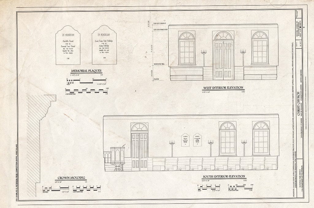 Blueprint 8. Interior Elevations, Memorial Plaques & Crown Molding - Christ Church, 2304 Highway 17 North, Mount Pleasant, Charleston County, SC