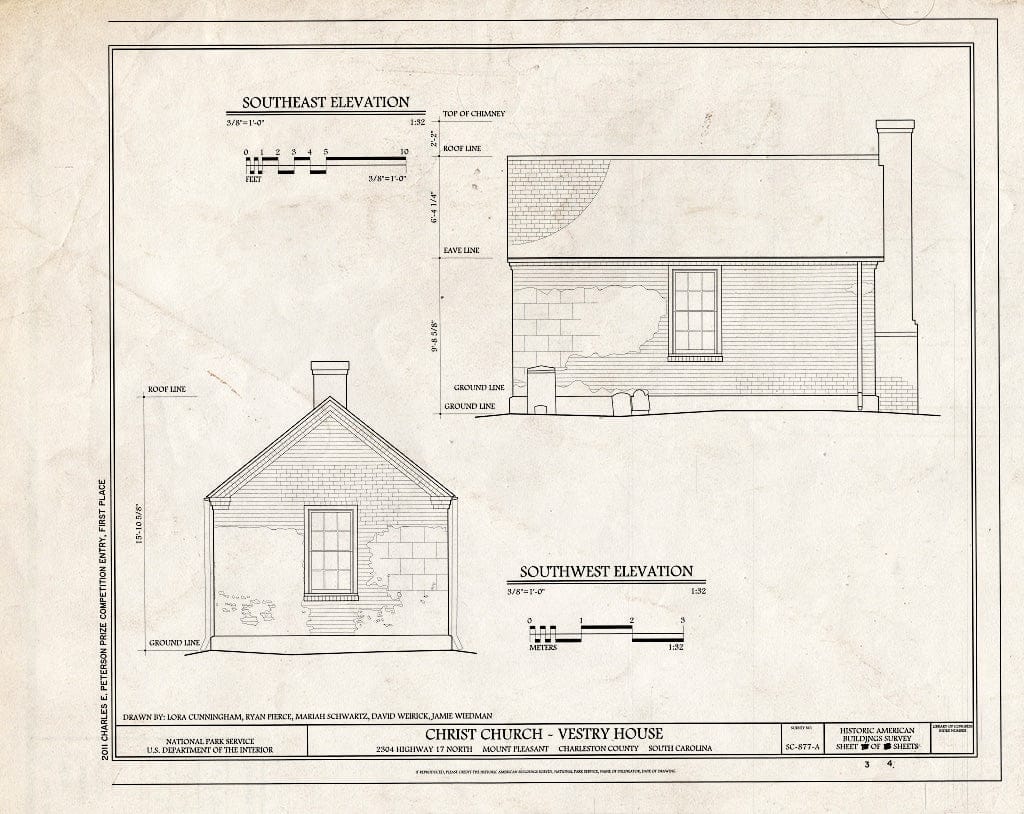 Blueprint 3. Southeast & Southwest Elevations - Christ Church, Vestry House, 2304 Highway 17 North, Mount Pleasant, Charleston County, SC