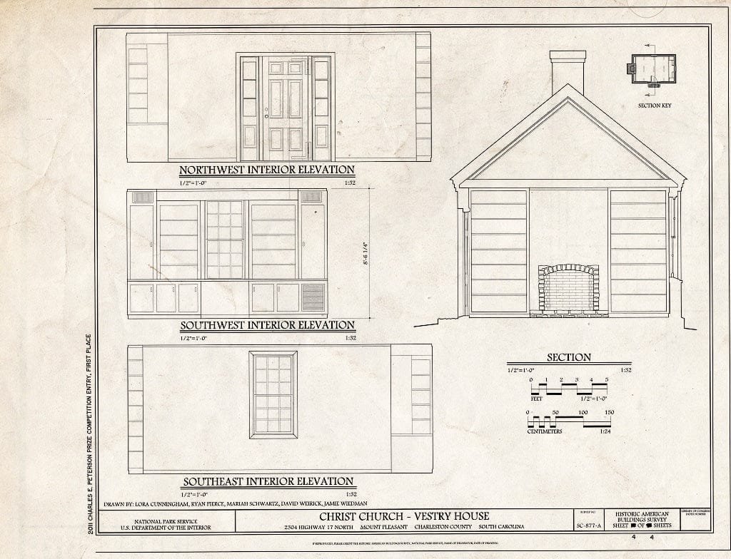 Blueprint 4. Section & Interior Elevations - Christ Church, Vestry House, 2304 Highway 17 North, Mount Pleasant, Charleston County, SC