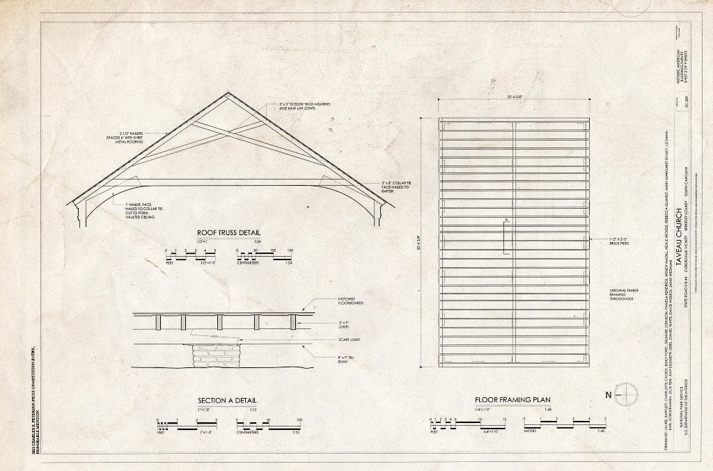 Blueprint Floor Framing Plan, Roof Truss Detail - Taveau Church, State Road S-8-44, Cordesville, Berkeley County, SC