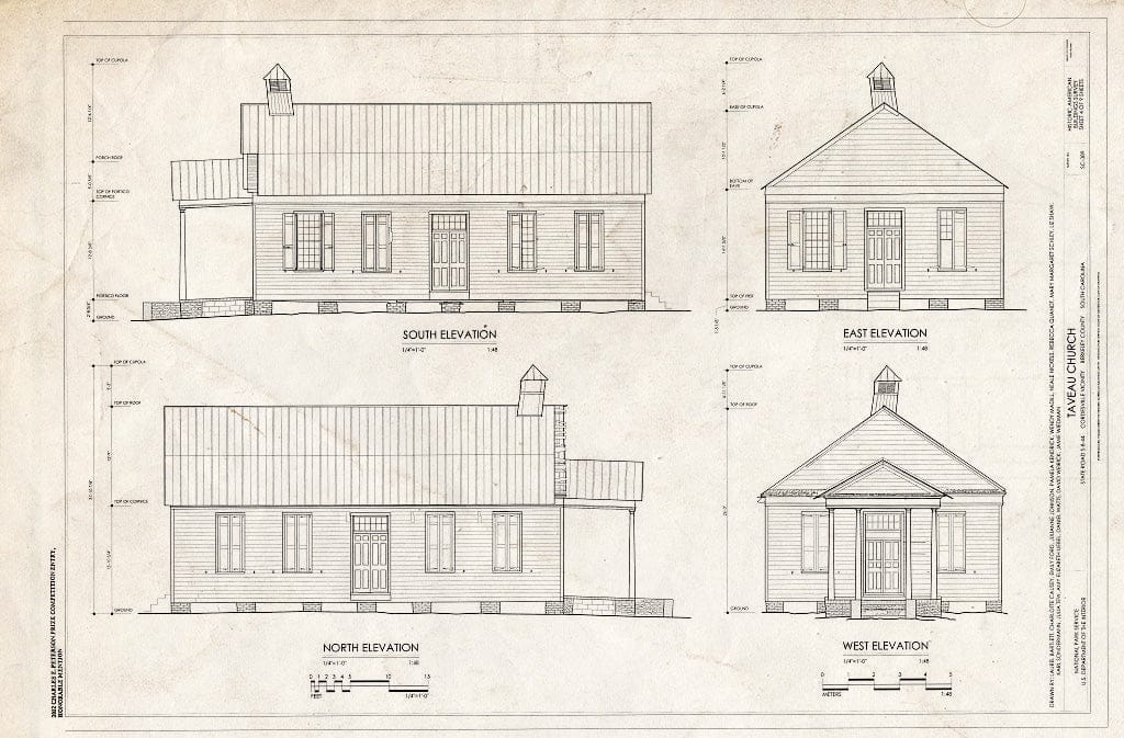 Blueprint East, West, North & South Elevations - Taveau Church, State Road S-8-44, Cordesville, Berkeley County, SC