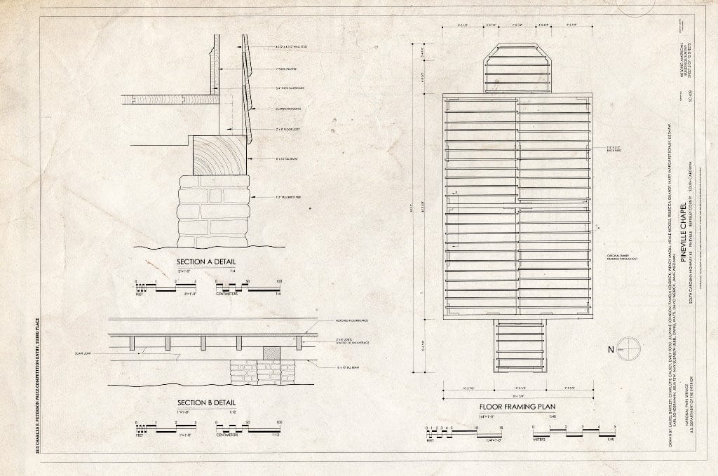 Blueprint Floor Framing Plan, Sections - Pineville Chapel, State Road S-8-204, Pineville, Berkeley County, SC