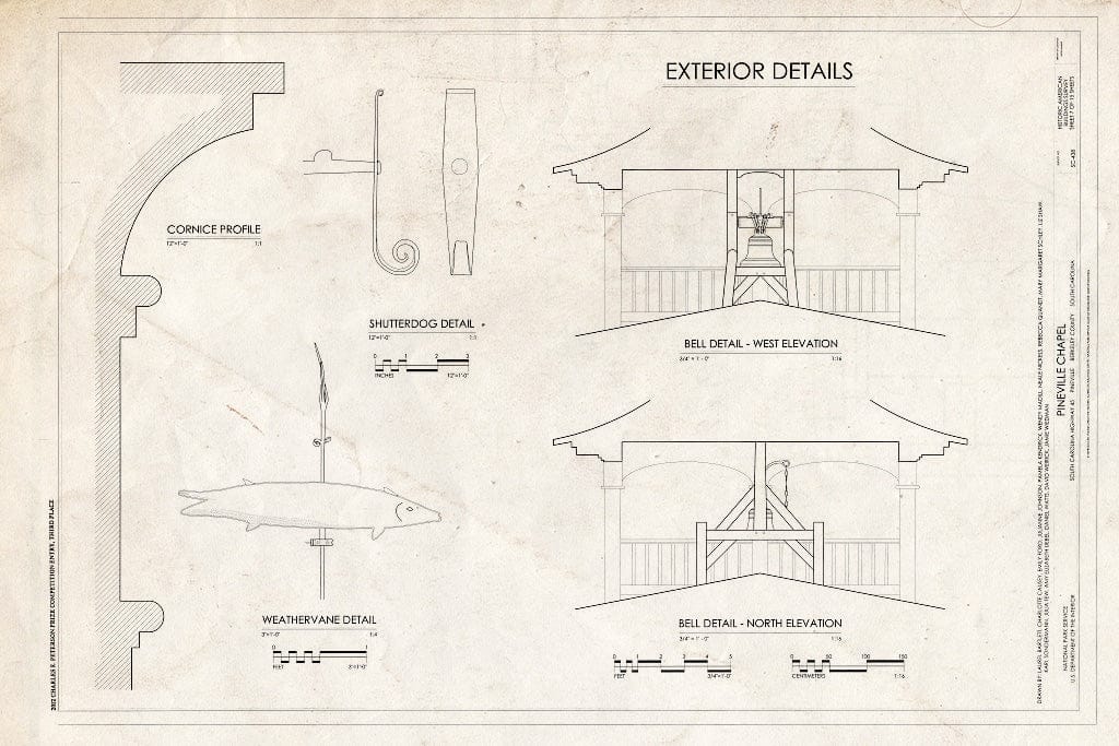 Blueprint Exterior Details - Bell, Weathervane, Shutterdog - Pineville Chapel, State Road S-8-204, Pineville, Berkeley County, SC