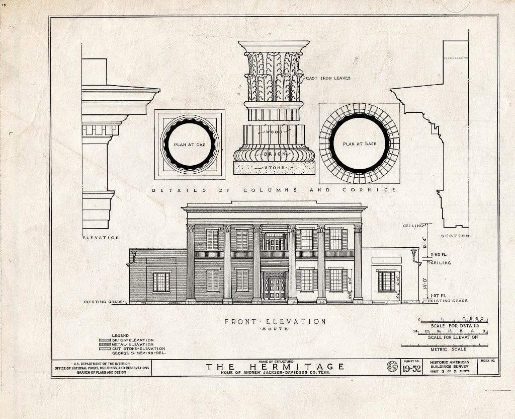 Blueprint 3. Front Elevation; Column and Cornice Details - The Hermitage, U.S. Highway 70 North (4580 Rachel's Lane), Nashville, Davidson County, TN