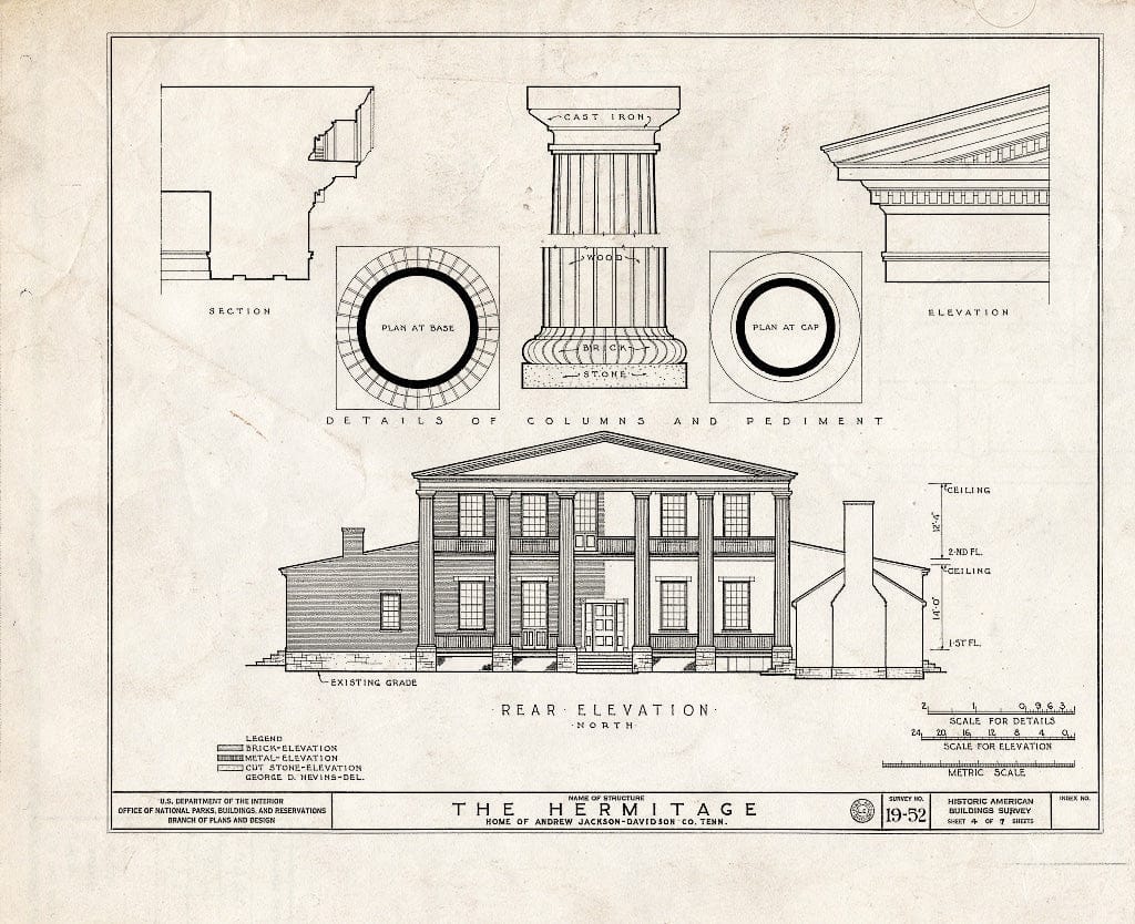 Blueprint 4. Rear Elevation; Column and Pediment Details - The Hermitage, U.S. Highway 70 North (4580 Rachel's Lane), Nashville, Davidson County, TN